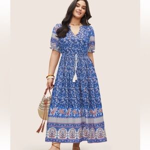 BloomChic Plus Size 4XL  Boho Print Notched Ties Tassel Trim Dress us26